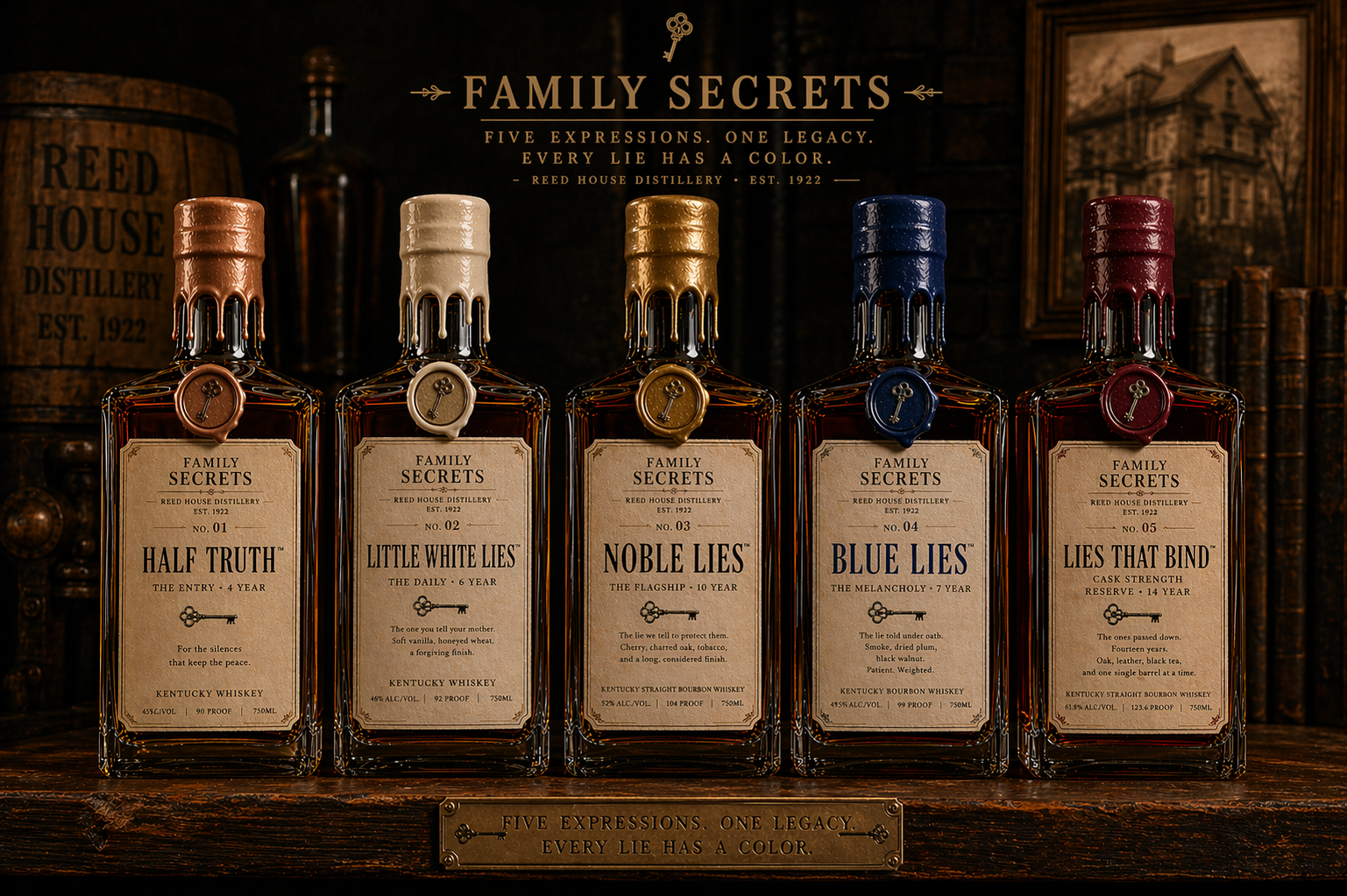 The Five Expressions of Family Secrets bourbon: Half Truth, Little White Lies, Noble Lies, Blue Lies, Lies That Bind